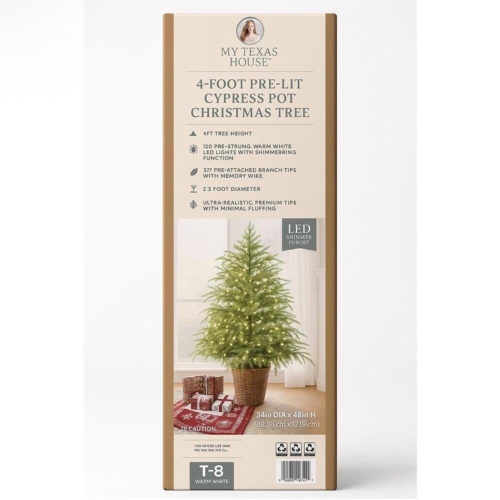 My Texas House 4FT Pre-Lit Cypress Pot Artificial Christmas Tree, Ready to Ship